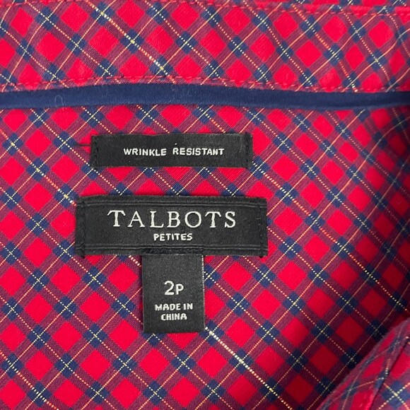 Talbots Red Check Shirt Sz 2P Wrinkle Resistant Shimmering Button Front Holiday - Picture 3 of 6